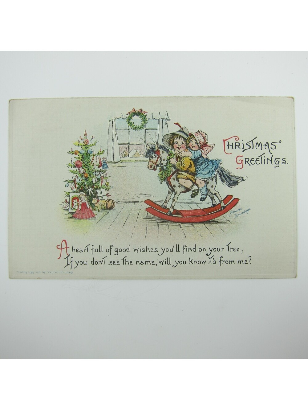 Christmas Postcard Children Ride Rocking Horse F. Brundage Embossed Antique 1914